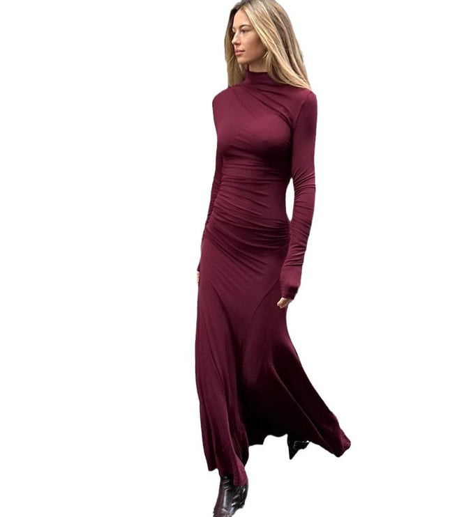 Elegant Slim Fit Half-high Collar Long Sleeves Hip Long Dress