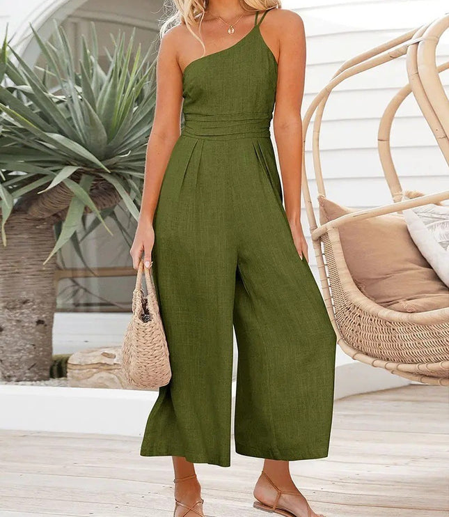 New Solid Color Loose Wide-leg Cotton And Linen Jumpsuit
