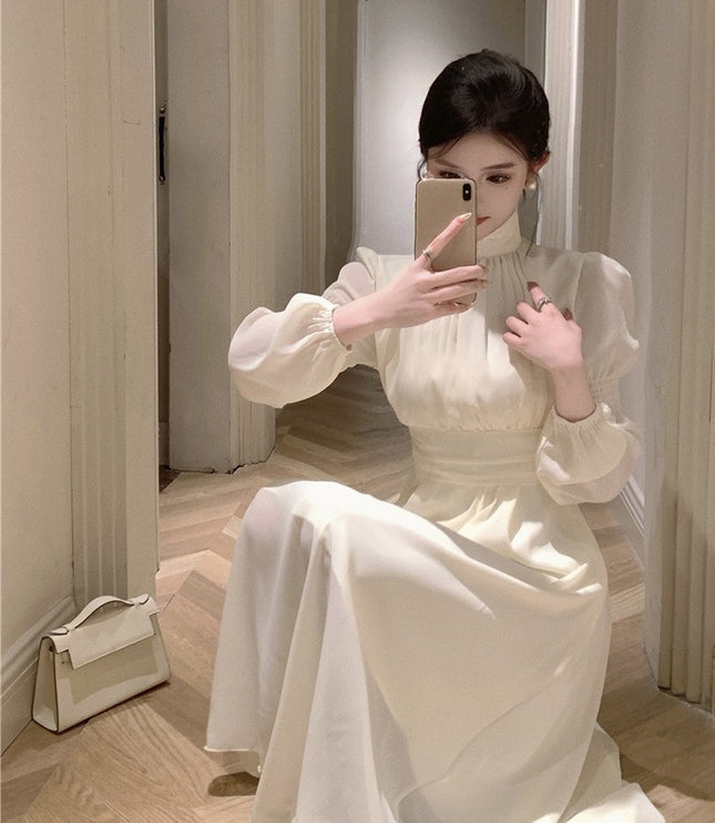 French White Half-high Collar Long Sleeves Dress