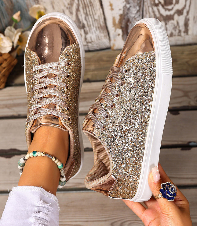 Plus Size Sequined Front Lace-up Solid Color Plus Size Board Shoes