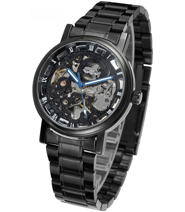 Winner Round Hollow Transparent Mechanical Steel Strap Watch