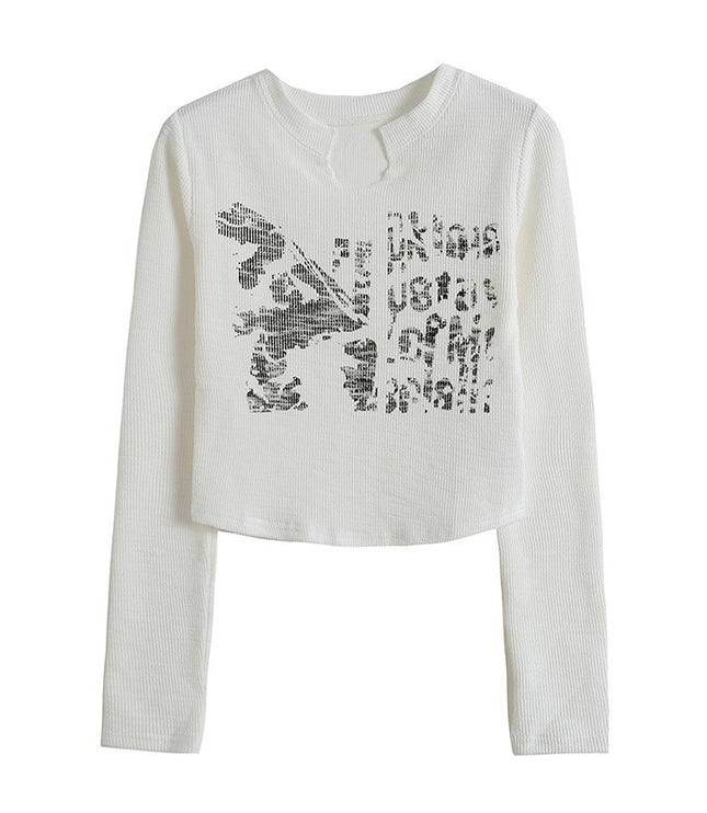Design Crack Distressed Print Cropped Navel Slim Fit Long Sleeves