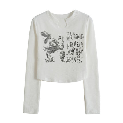 Design Crack Distressed Print Cropped Navel Slim Fit Long Sleeves