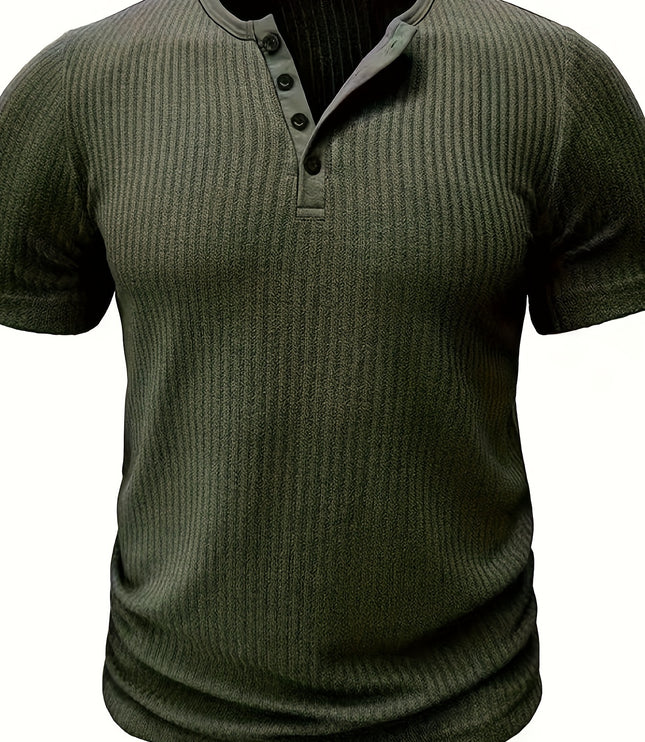 Solid Stripe Pattern Knit Short Sleeve T-shirt With Henley Neck, Chic And Stylish Sports Tops For Men's Summer Leisurewear And Outdoors Activities