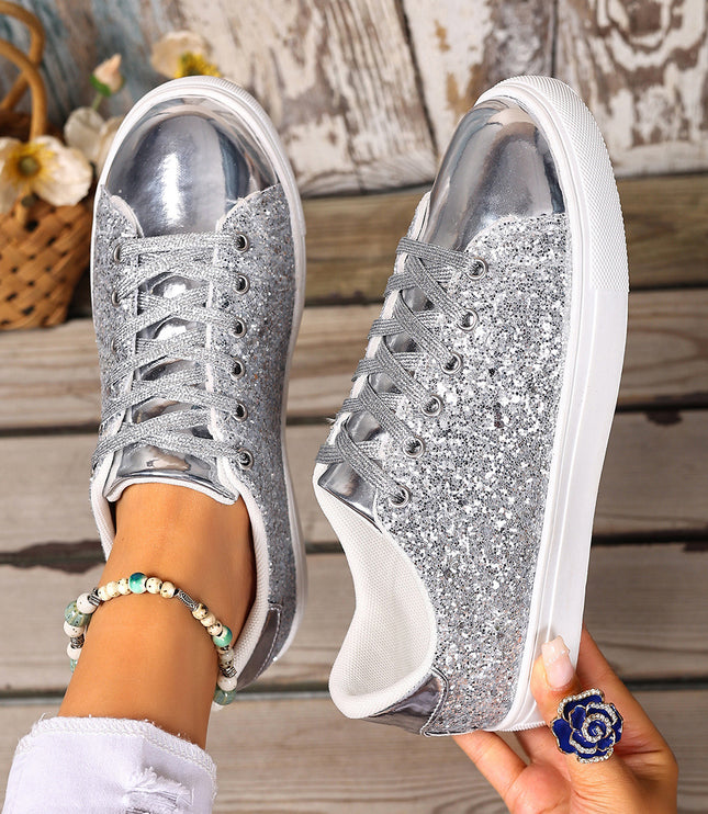 Plus Size Sequined Front Lace-up Solid Color Plus Size Board Shoes
