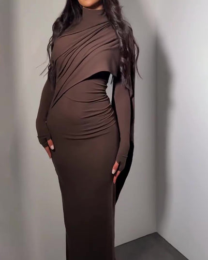 Brown Turtleneck Long-sleeved Slim Dress