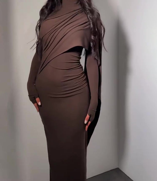 Brown Turtleneck Long-sleeved Slim Dress