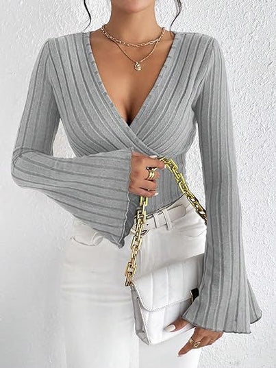 Women's Autumn And Winter Rib Sunken Stripe V-neck Flared Slim-fit Long Sleeve T-shirt Elegant Women's Top