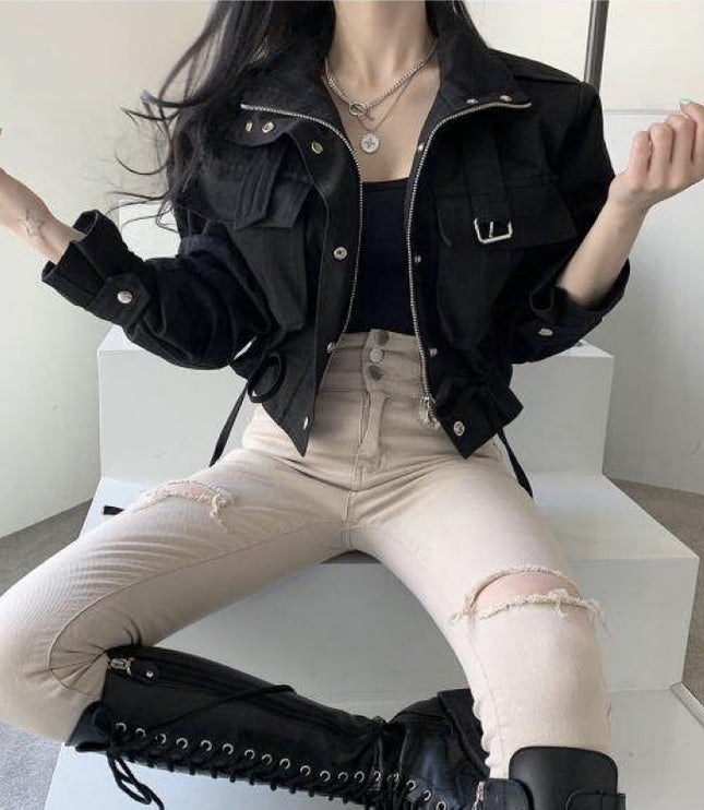 Short Work Jacket With Pocket Drawstring Waist