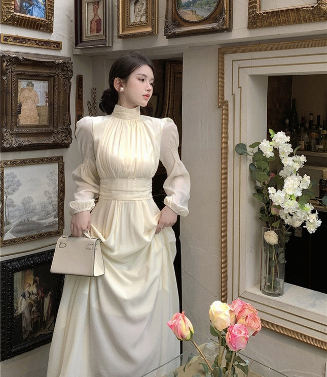 French White Half-high Collar Long Sleeves Dress