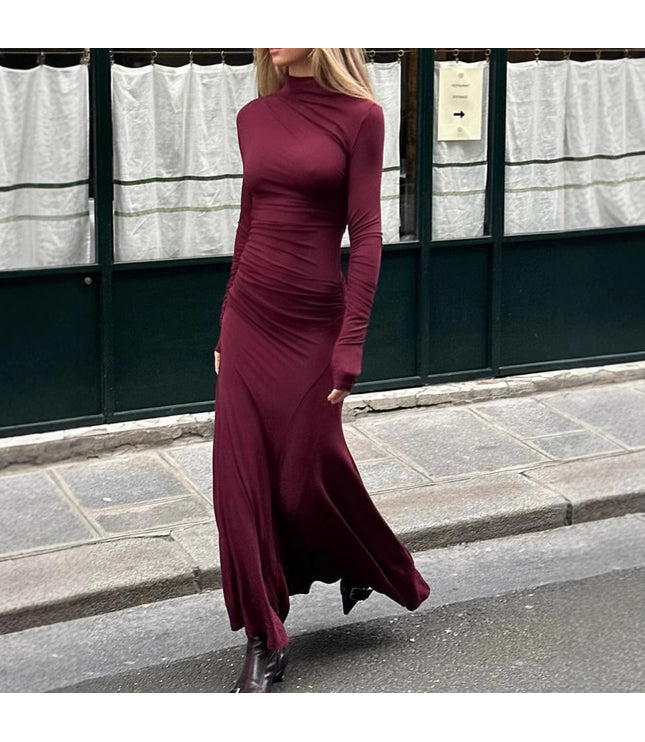 Elegant Slim Fit Half-high Collar Long Sleeves Hip Long Dress