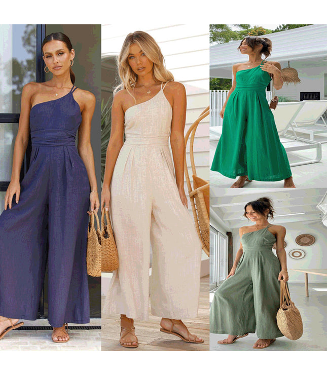 New Solid Color Loose Wide-leg Cotton And Linen Jumpsuit