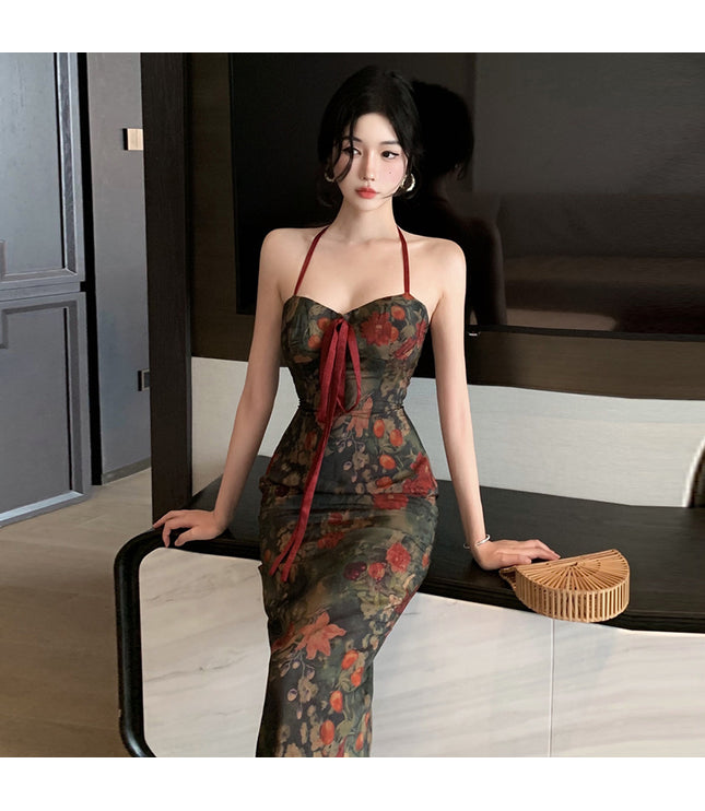 Retro Halter Floral Tube Top Dress Back Slit High Waist Midi Skirt
