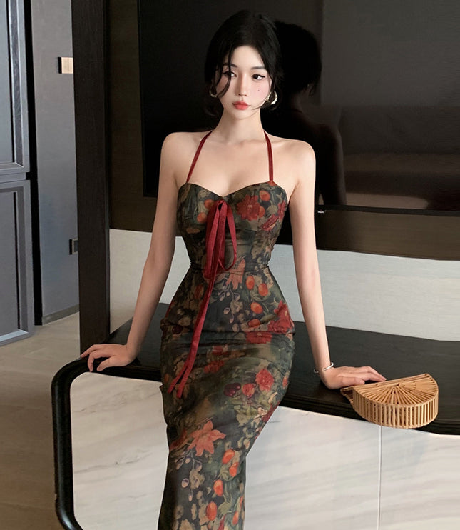 Retro Halter Floral Tube Top Dress Back Slit High Waist Midi Skirt