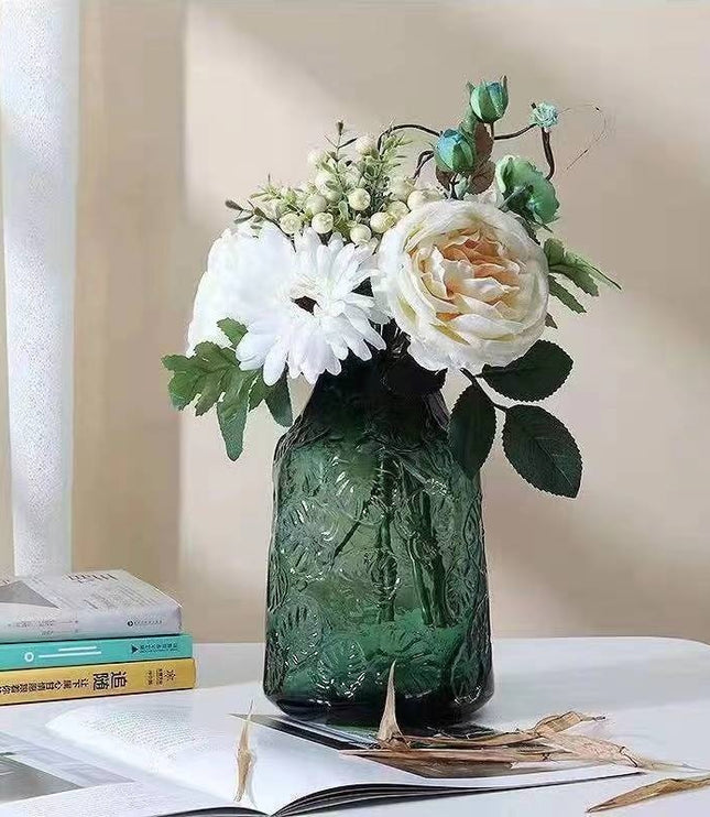 Embossed Green Glass Vase – Vintage-Inspired Elegance