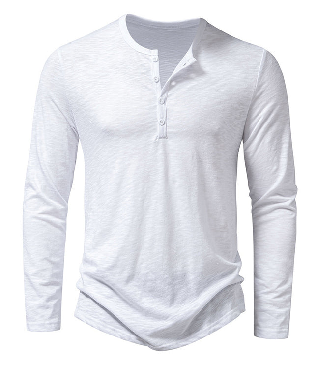Mens Clothing Long Sleeve T-shirt Fashion Button Henry Collar Tops