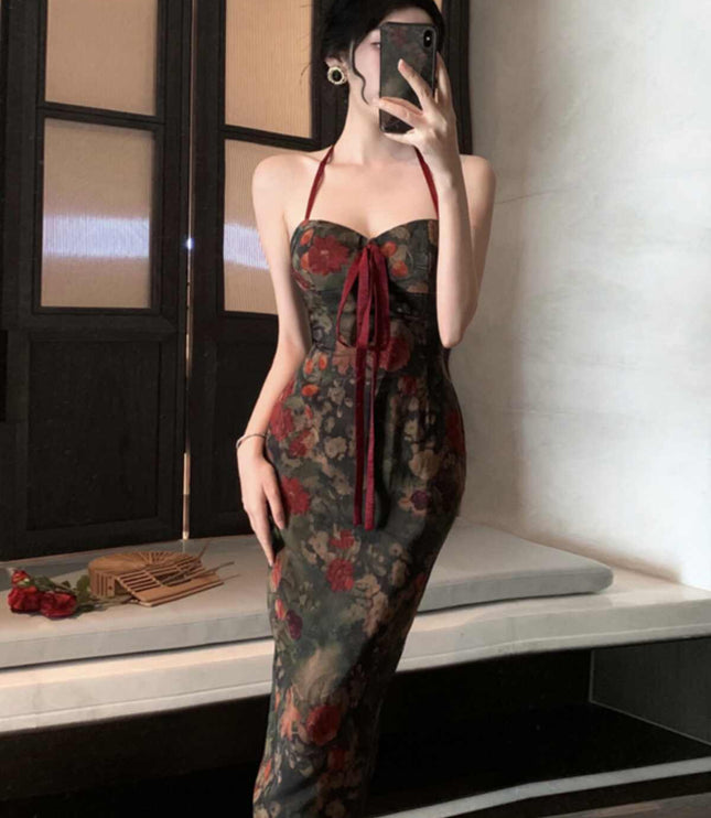 Retro Halter Floral Tube Top Dress Back Slit High Waist Midi Skirt