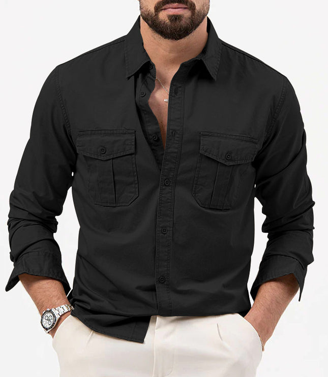 Men's Shirt Multi-pocket Solid Color Casual Long Sleeves Top