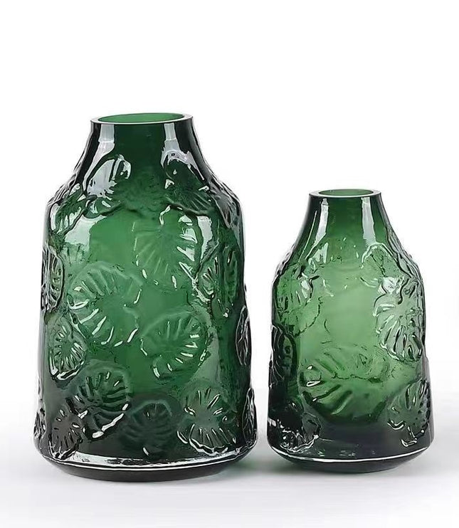 Embossed Green Glass Vase – Vintage-Inspired Elegance