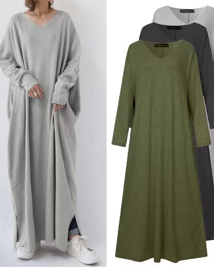 Women's Knitted Long Sleeve V-neck Swing Type Dress