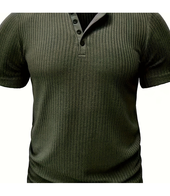 Solid Stripe Pattern Knit Short Sleeve T-shirt With Henley Neck, Chic And Stylish Sports Tops For Men's Summer Leisurewear And Outdoors Activities