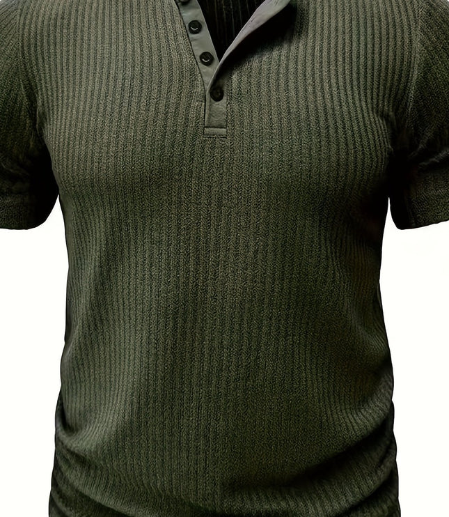 Solid Stripe Pattern Knit Short Sleeve T-shirt With Henley Neck, Chic And Stylish Sports Tops For Men's Summer Leisurewear And Outdoors Activities