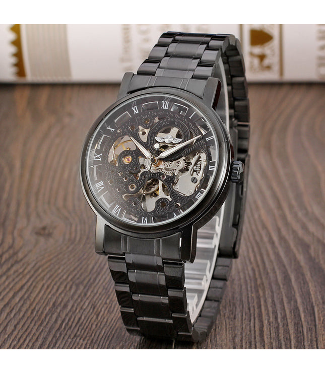Winner Round Hollow Transparent Mechanical Steel Strap Watch