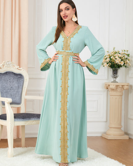 Women's Temperament Fashion Solid Color Stitching Embroidery Long-sleeved Dress