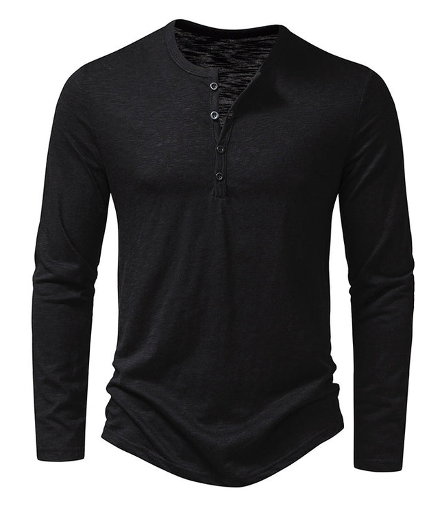 Mens Clothing Long Sleeve T-shirt Fashion Button Henry Collar Tops