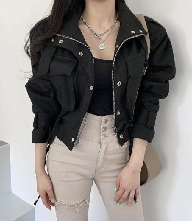 Short Work Jacket With Pocket Drawstring Waist