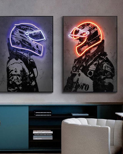 Poster Formula 1 racing driver with neon helmet as a decorative print without a frame