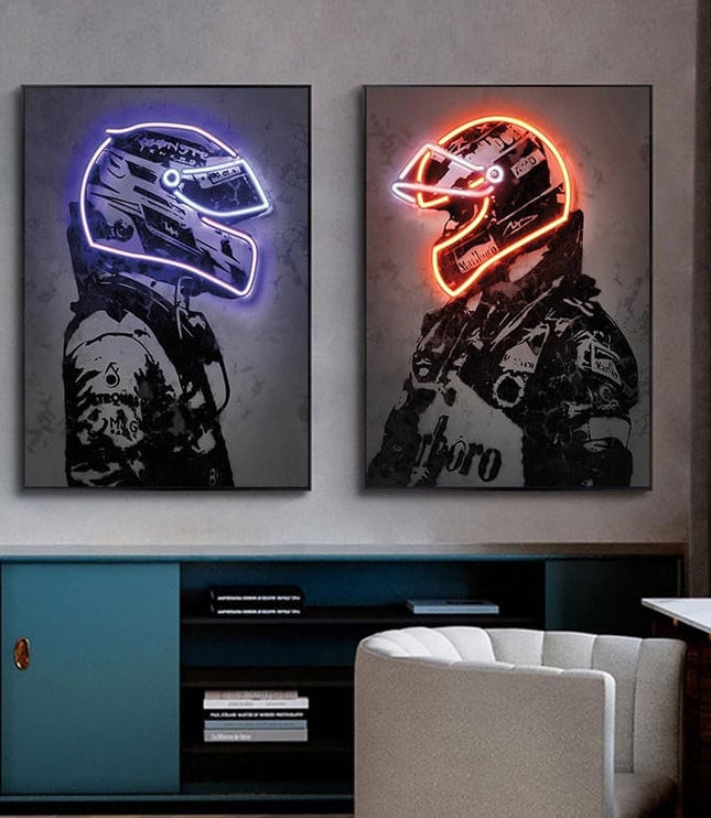 Poster Formula 1 racing driver with neon helmet as a decorative print without a frame