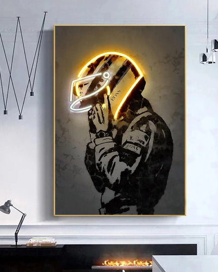Poster Formula 1 racing driver with neon helmet as a decorative print without a frame