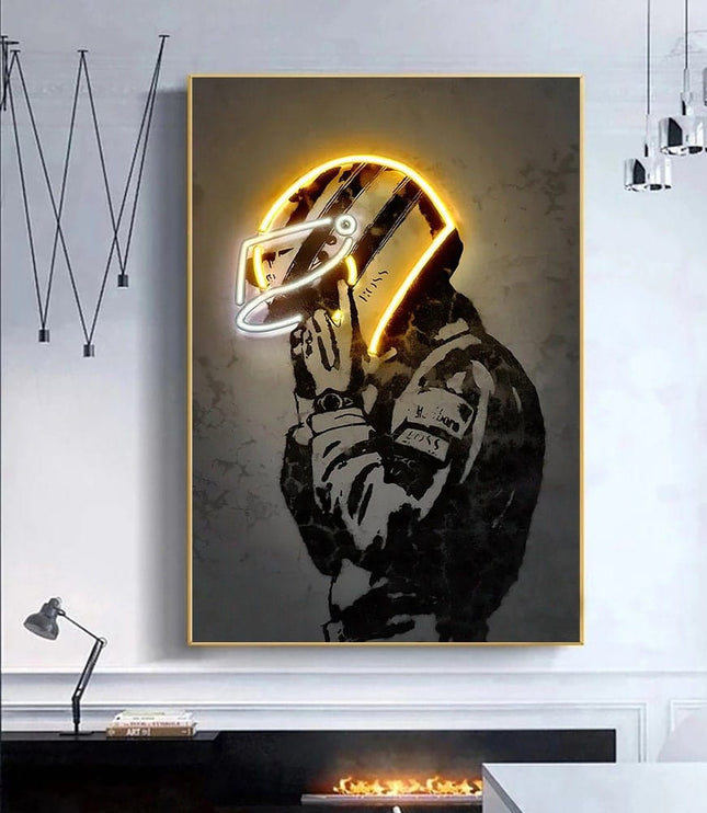 Poster Formula 1 racing driver with neon helmet as a decorative print without a frame