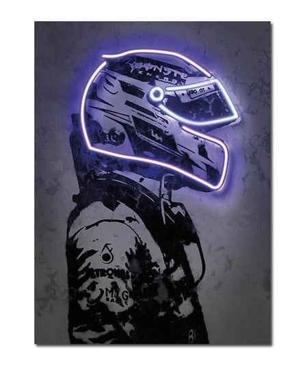 Poster Formula 1 racing driver with neon helmet as a decorative print without a frame