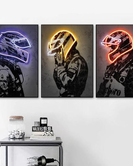 Poster Formula 1 racing driver with neon helmet as a decorative print without a frame