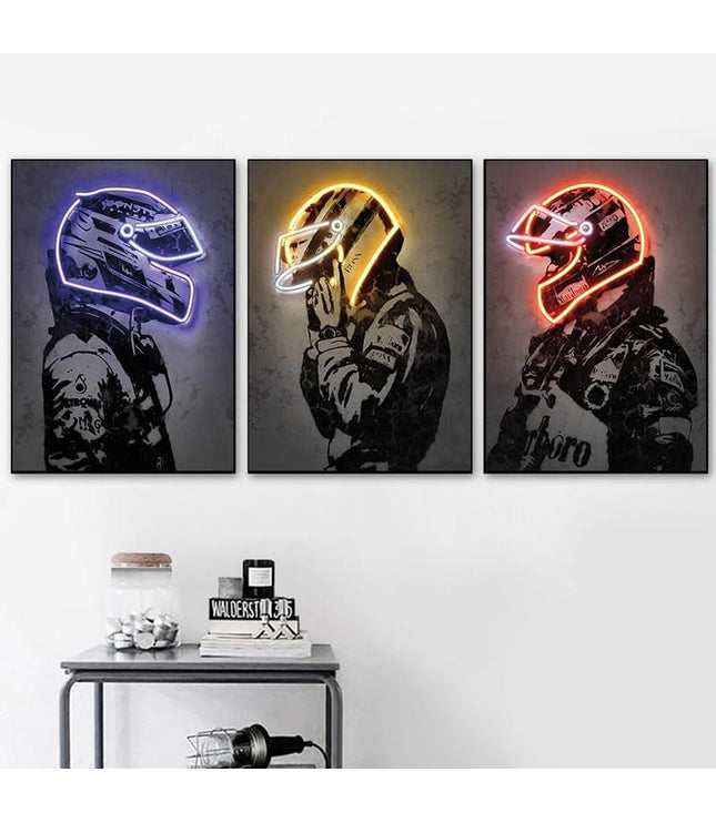 Poster Formula 1 racing driver with neon helmet as a decorative print without a frame